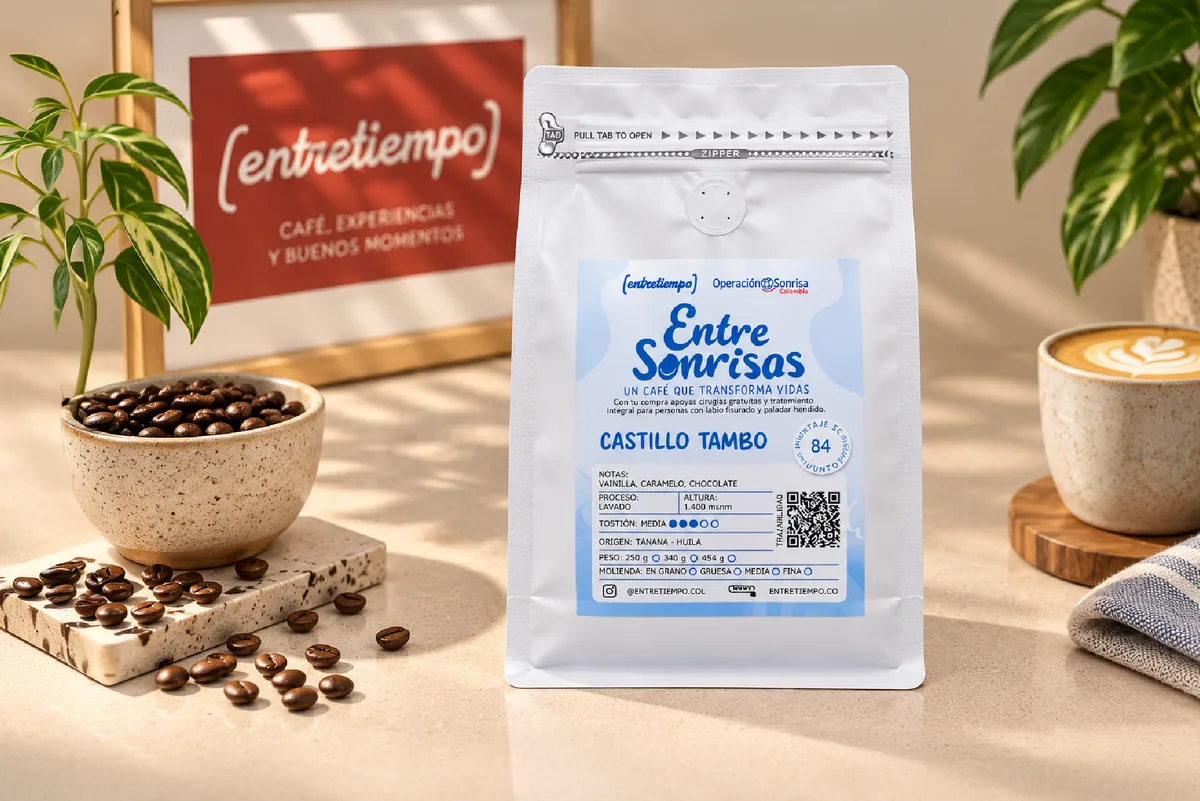 Bolsa del café Entre Sonrisas sobre una mesa con granos de café.