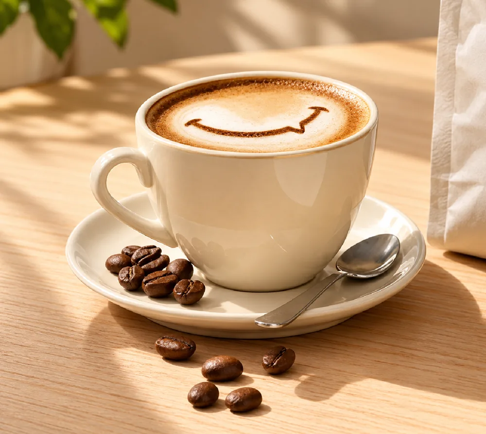 Taza de café con una sonrisa dibujada en la espuma.